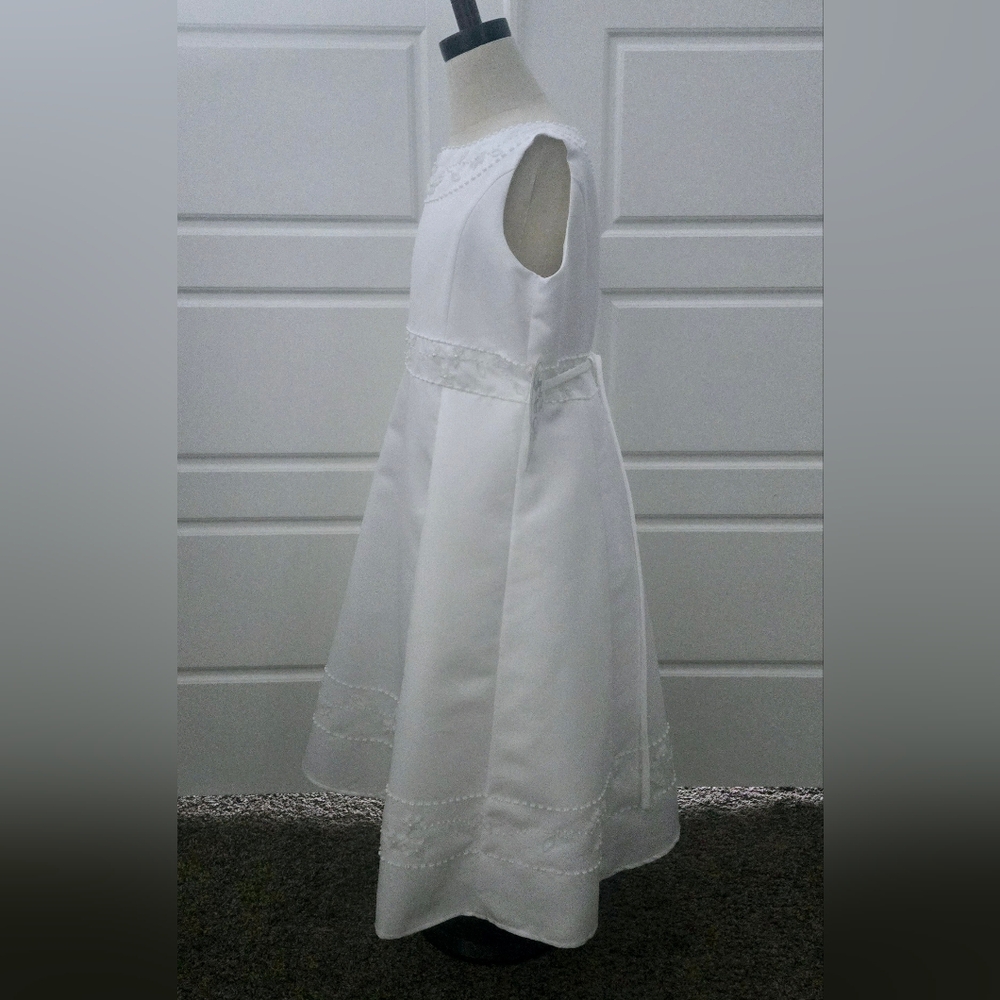 White Sleeveless Satin Girls Formal Baptism, Communion, or Flower Girl Dress - Picture 3 of 7